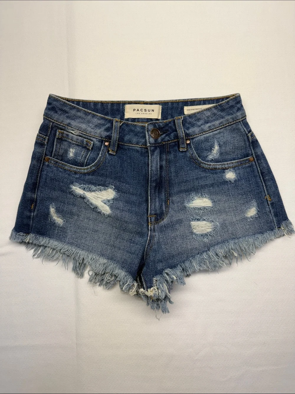 PacSun High Rise Festival Denim Shorts. Distressed Blue Denim Cutoff Shorts